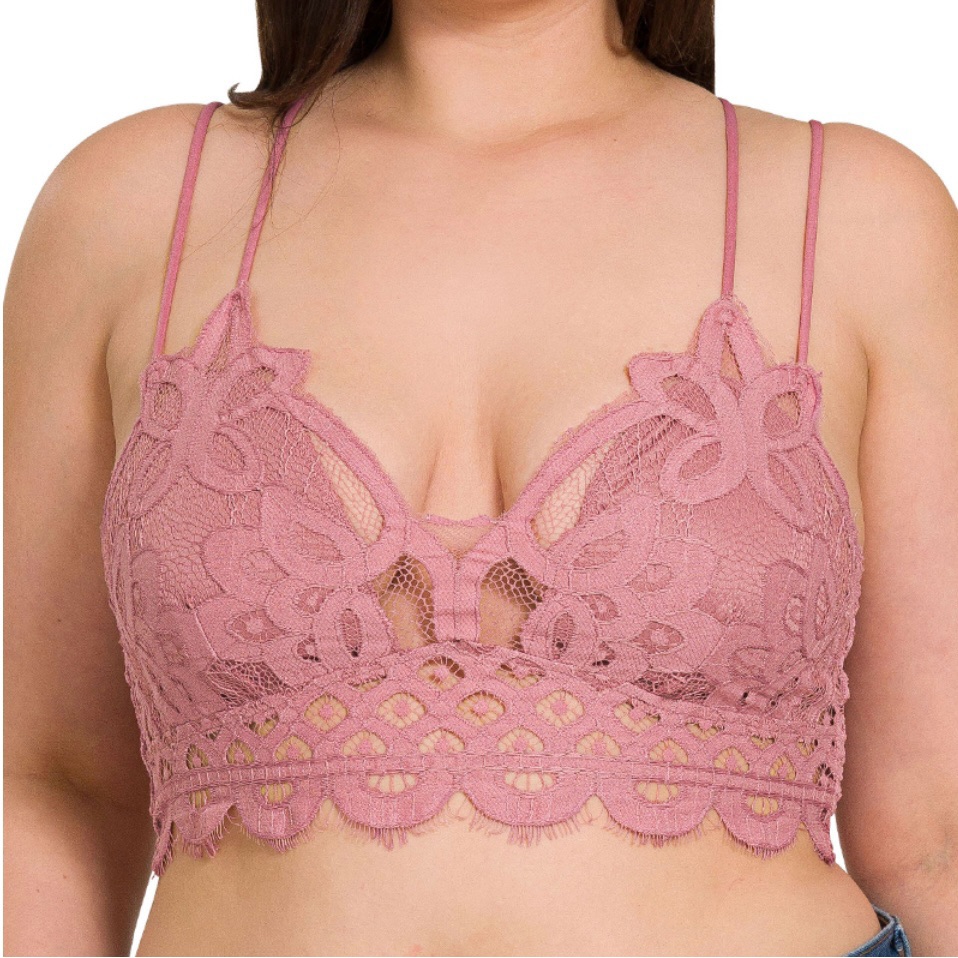 Nwt Zenana Plus Crochet Lace Bralette With Bra Pads In Rose